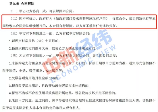 ▲张玲(化名)与蛋壳公寓签署的租房合同中,关于“政府行为(如政府部门要求调整房屋现有户型)”的约定。受访者供图