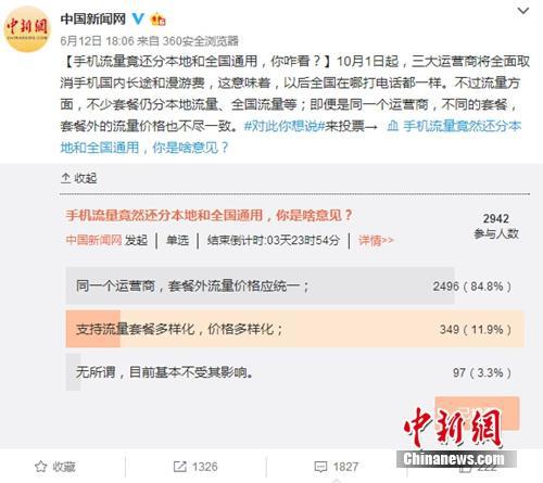 2017年6月份,中国新闻网微博发起关于“手机流量竟还分本地流量和全国通用,你咋看?”的小调查,引发网友关注。截图