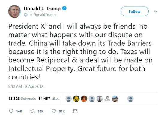 ▲图为特朗普最新贴文，帖子中他宣称中国会就关税和知识产权问题与美国达成协议