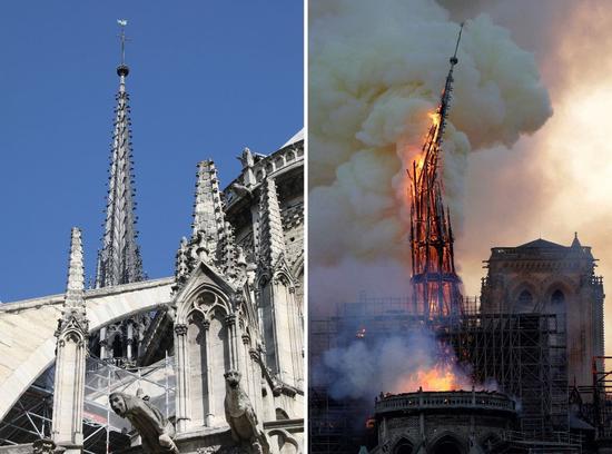 大火中，巴黎圣母院尖顶被烧毁（图源：BBC）
