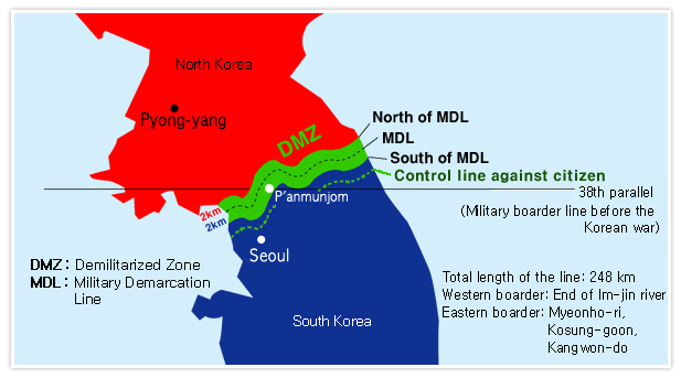 交战停火线（MDL）构成了朝韩如今的边界线，距离首尔的最近距离约46公里 来源：板门店旅游中心