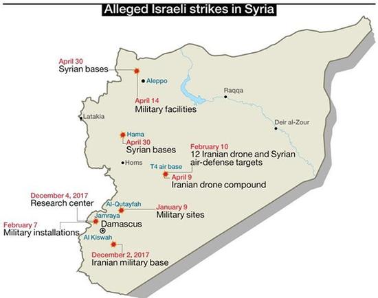以色列对叙利亚境内的目标进行了多次空袭，从图中可知，空袭的目标遍布叙利亚全境，体现了以色列空军的作战能力。