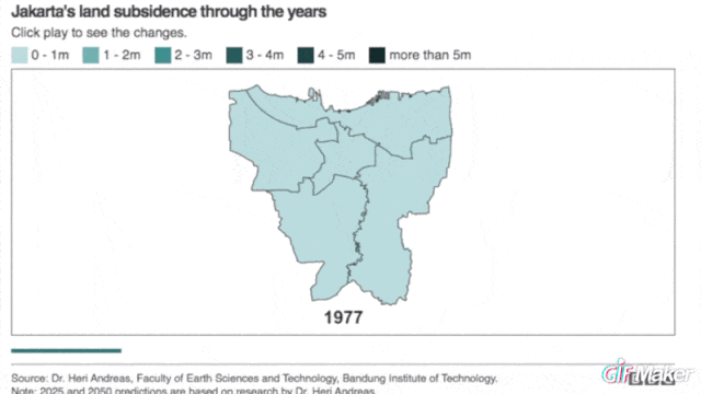（图为1977年-2050年雅加达地面下沉的变化，颜色越深代表下沉越严重）