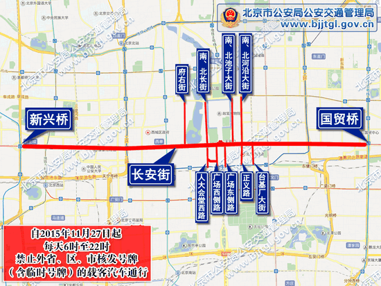 长安街及延长线新兴桥（不含）至国贸桥（不含）之间路段、广场东侧路、广场西侧路、北池子大街、南池子大街、北河沿大街、南河沿大街、府右街、北长街、南长街、人大会堂西路、正义路、台基厂大街,每天6时至22时，禁止外省、区、市核发号牌（含临时号牌）的载客汽车通行。