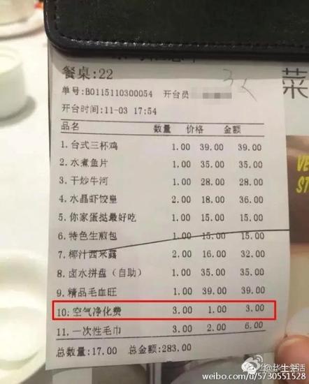 该餐厅的收费清单里明确有写出空气净化费一条。 网友图