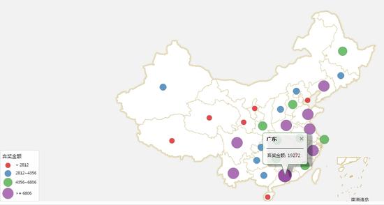 2014年全国弃奖金额分布图。（单位：万元）