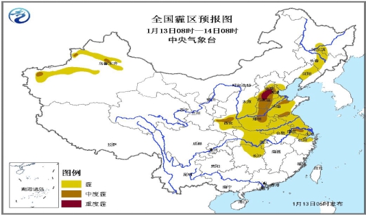 1月13日6时,中央气象台发布全国霾区预报图。 中国气象局供图