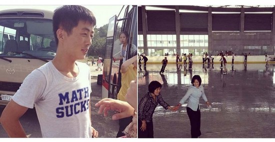 左图中的朝鲜年轻人穿着时髦的T恤，右侧是平然健康中心溜冰场上的女性玩家。
