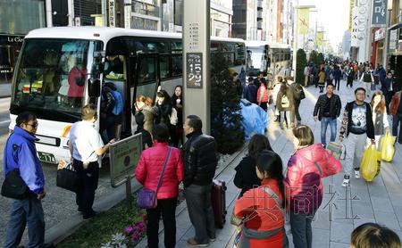 1月14日，东京银座街头，外国游客在免税店购物后登上旅游巴士。（共同社）