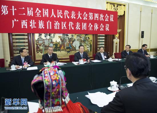 3月7日，中共中央政治局常委、国务院副总理张高丽参加十二届全国人大四次会议广西代表团的审议。 新华社记者王晔摄