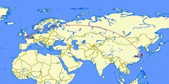 伦敦飞往上海浦东的航线图