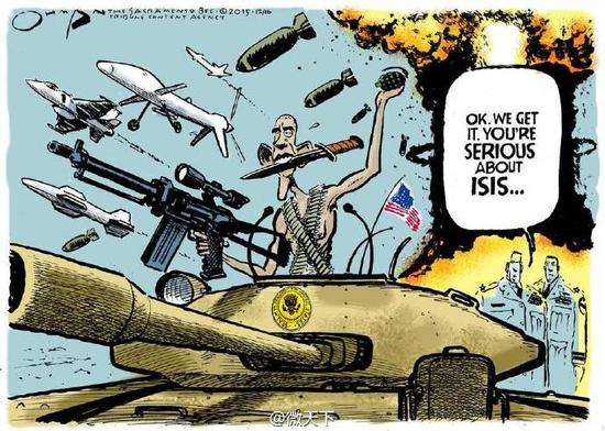 《萨克拉门托蜜蜂报》的Jack Ohman获得漫画奖，作品之二：奥巴马“御驾亲征”攻打IS武装
