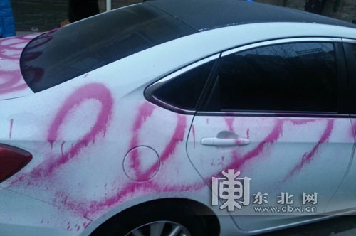 白色轿车被彻底喷花