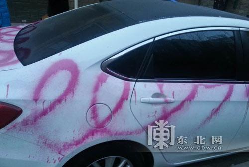 白色轿车喷漆求婚 粉色的LOVE字体