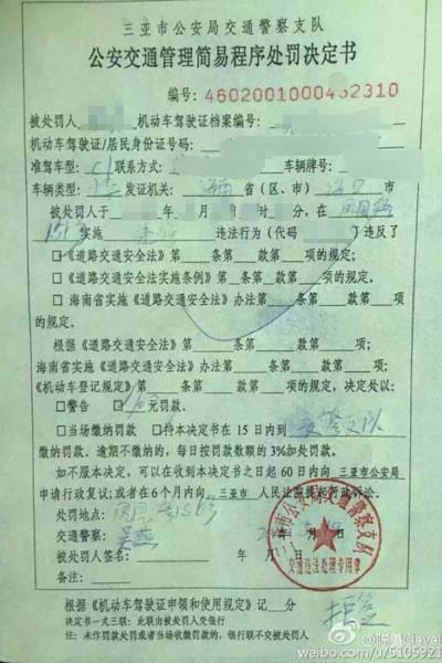 网友上传的违停罚单。