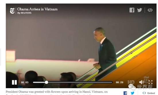 《纽约时报》网站还配了奥巴马走下飞机舷梯的视频