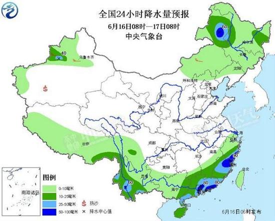 今天，浙江福建广东云南等地有暴雨。