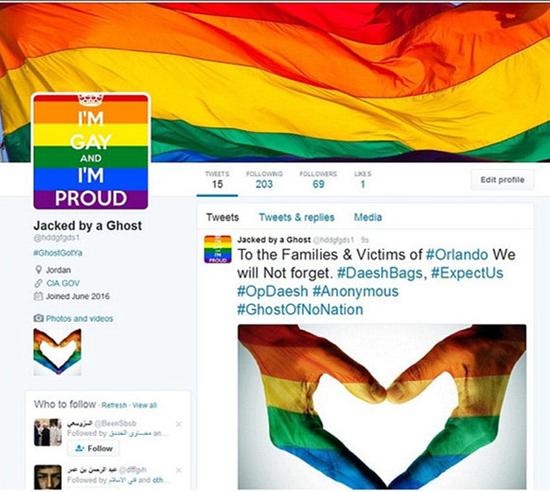 恐怖组织IS推特账号上的资料照片被彩虹旗、同性恋游行标志等取代。（网页截图）