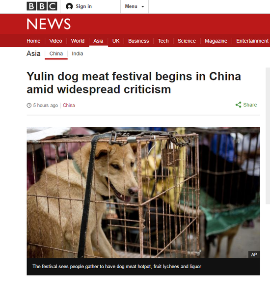 BBC报道称，狗肉节在中国和世界都引起了极大争议。