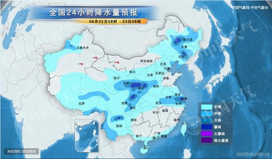 22日8时-23日8时,安徽江苏等地有大到暴雨。