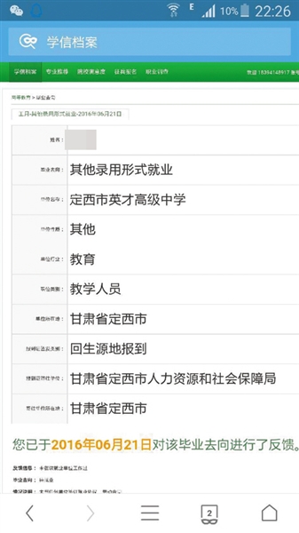 王同学称，在未填写接收函的情况下“被就业”。受访者供图