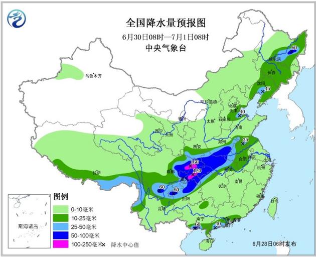 图3 全国降水量预报图（6月30日08时—7月1日08时）