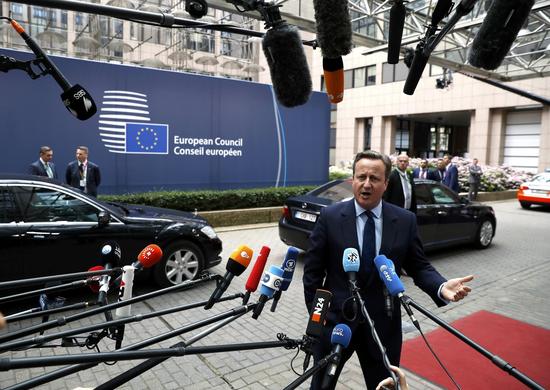 英国首相卡梅伦抵达会场后即被媒体包围，接受媒体采访。
