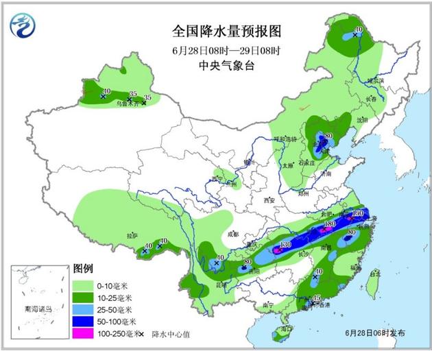 图1 全国降水量预报图（6月28日08时—29日08时）