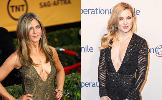 Jennifer aniston & kate hudson出席重要场合也穿低胸装。（图片来源：台湾东森新闻云）