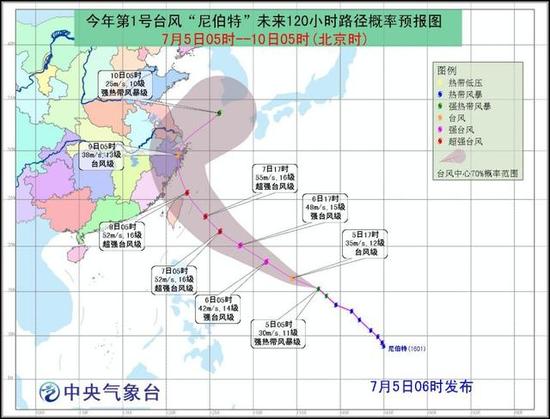 图1. 今年第1号台风“尼伯特”未来120小时路径概率预报图