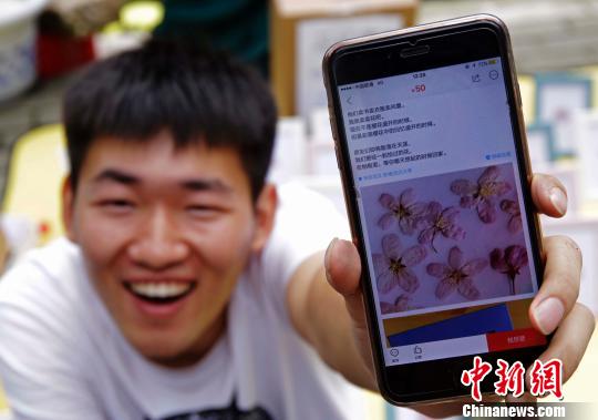 图为收入不错的小险兴奋地向记者展示他在闲鱼上售卖樱花标本的情况。　赵小燕　摄