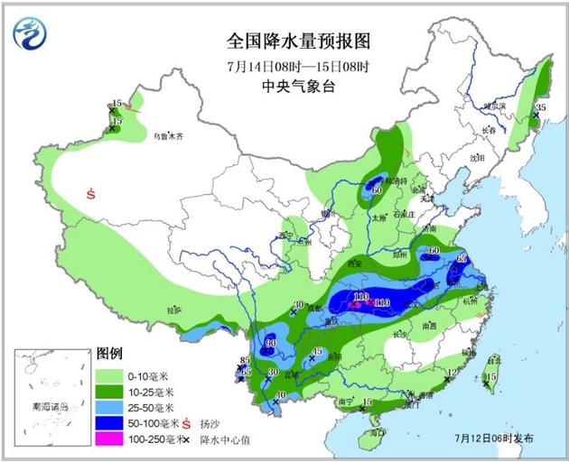 图3:全国降水量预报图(7月14日08时—15日08时)