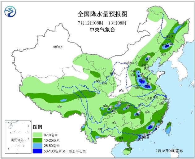 图1 全国降水量预报图（7月12日08时—13日08时）