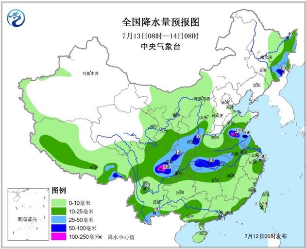 图2 全国降水量预报图(7月13日08时—14日08时)