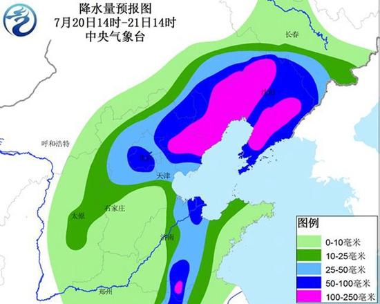 7月19日至20日14时降雨量，部分地区一天下了一年的雨。