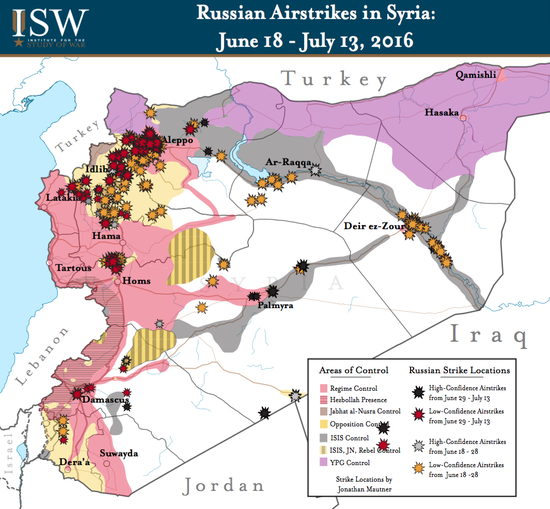 　今年6月18日-7月13日之间，俄罗斯在叙利亚空袭位置图。可以看出，俄军空袭很少到达约旦边境。