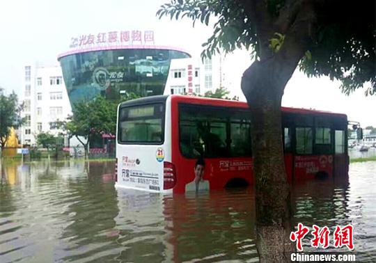 图为公交车被困水中。 网友提供 摄