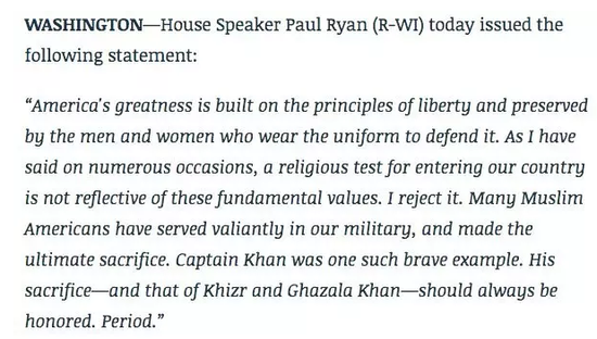众议院议长Paul Ryan针对特朗普言论发表声明