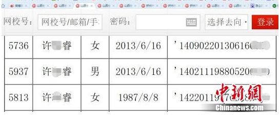 因出现三个同名同姓的许某睿，其中两人年龄超过28周岁，山西省忻州市幼儿园8月初进行的电脑抽签招生近日遭到质疑。图为网上报名公示中三个相同的许某睿。 李娜 摄