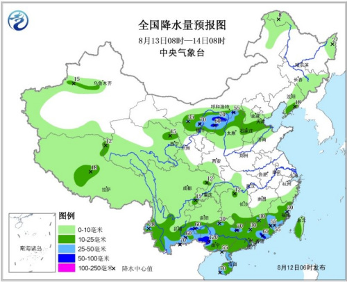 图2 全国降水量预报图(8月13日08时—14日08时)
