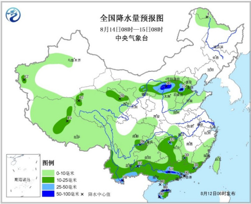 图3 全国降水量预报图(8月14日08时—15日08时)