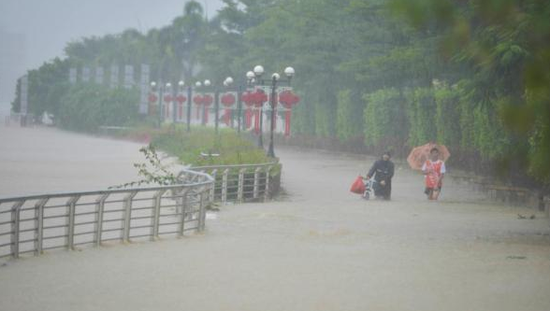台风“电母”来袭，海南省临高县市民冒险在洪水淹没的江堤行走。 中新网 图