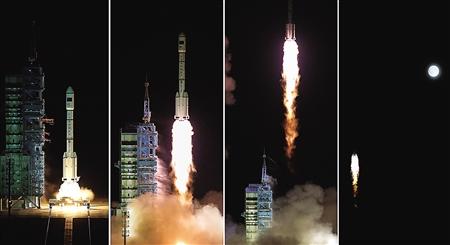 昨日，中国在酒泉卫星发射中心用长征二号FT2火箭将天宫二号空间实验室发射升空（拼版照片）。 新华社 图