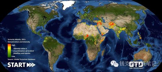 美国马里兰大学“全球恐怖主义数据”中心描绘2015年全球恐袭形势的地图。 （图片来源www.start.umd.edu）