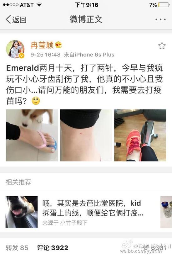 邹市明妻子冉莹颖被小狗刮伤