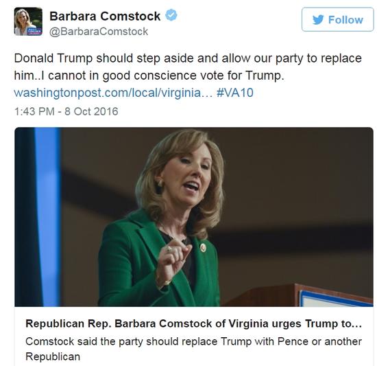 弗吉尼亚州共和党议员芭芭拉·康姆斯多克表示，特朗普应该推选，为党内其他人让路。