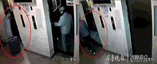 嫌疑人携带行李箱进电梯时还很轻（图左），出电梯时却很沉（图右），里面装着的是被害人的尸体。视频截图