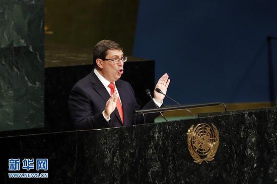10月26日，在位于纽约的联合国总部，古巴外长罗德里格斯在联大敦促美国解除对古巴封锁决议草案表决前讲话。新华社记者李木子摄