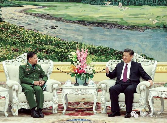 2016年11月1日，国家主席、中央军委主席习近平在北京人民大会堂会见来访的缅甸国防军总司令敏昂莱。新华社记者庞兴雷 摄