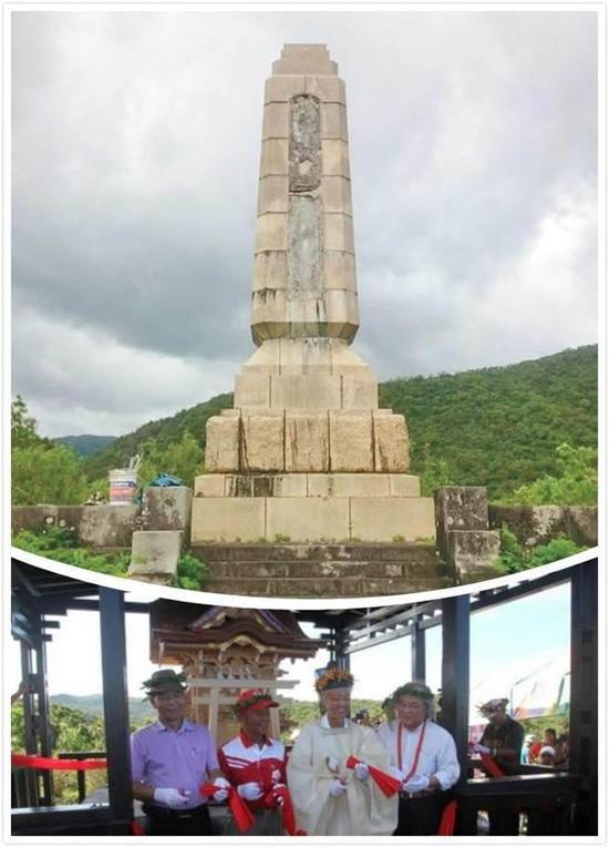 林明正在Facebook贴出牡丹乡抗日纪念碑文被挖光与牡丹乡日本神社重建对比照，指根本没有“台独”，只有“日统”。（图片来源：林明正Facebook）